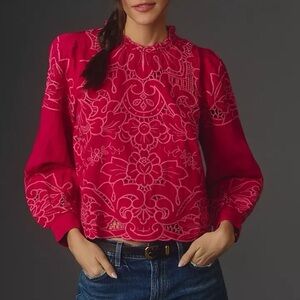 Anthropologie Lainie Long Sleeve Lace Cutout Blouse PinK XS